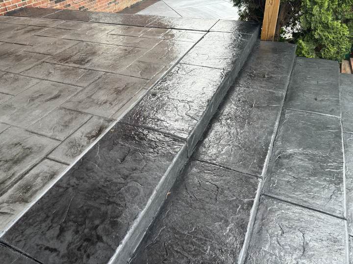 Grey stamped patio, ashlar pattern in Plainfield, Indiana